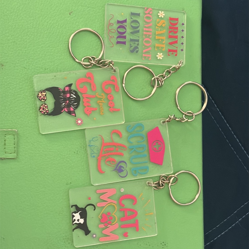 Rectangle Acrylic Keychains – Cool Mom, Scrub Life, Drive Safe, Cat Mom